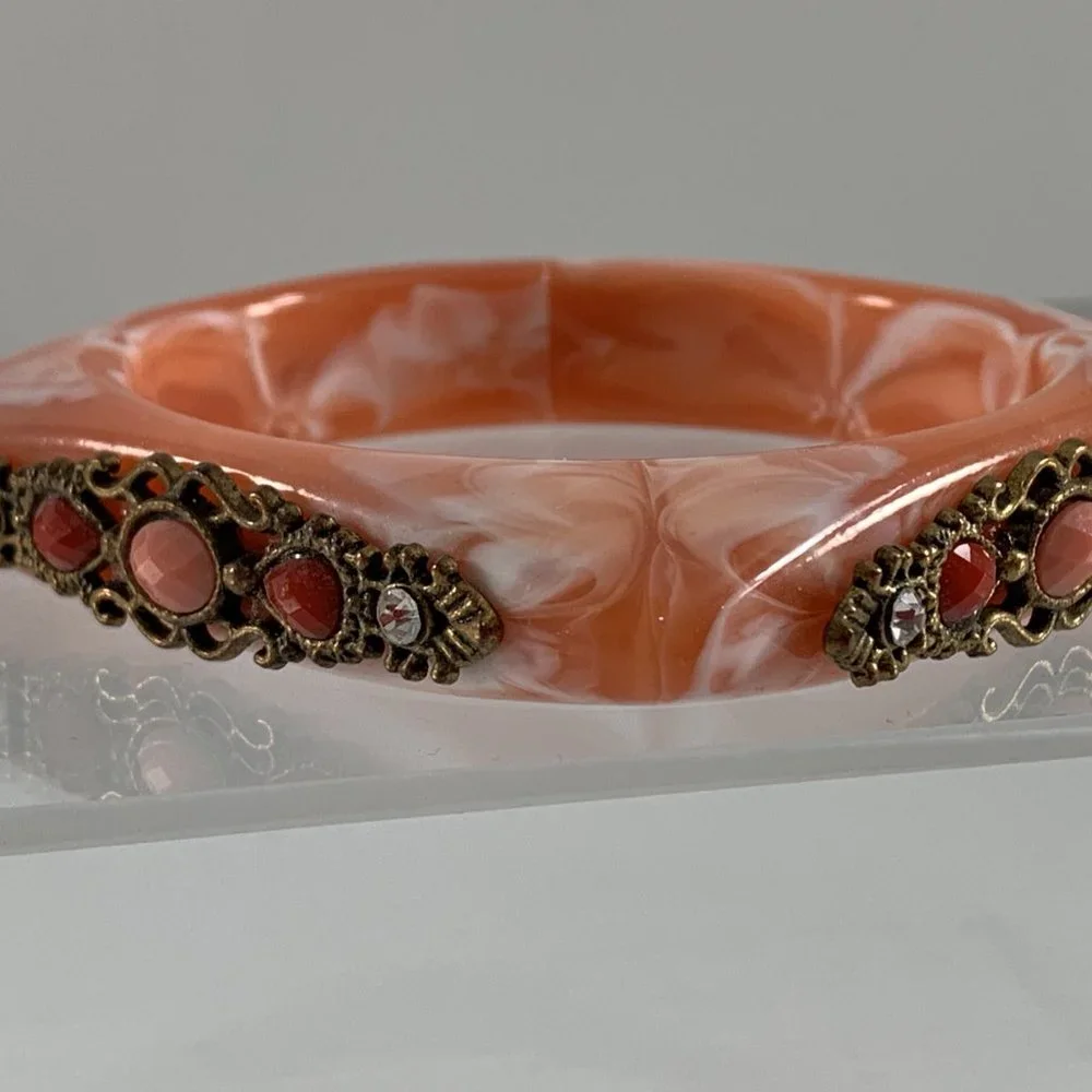 Lot of 2 Plastic Bejeweled Square Bangles Pink Tan Marbling Look Rhinestones